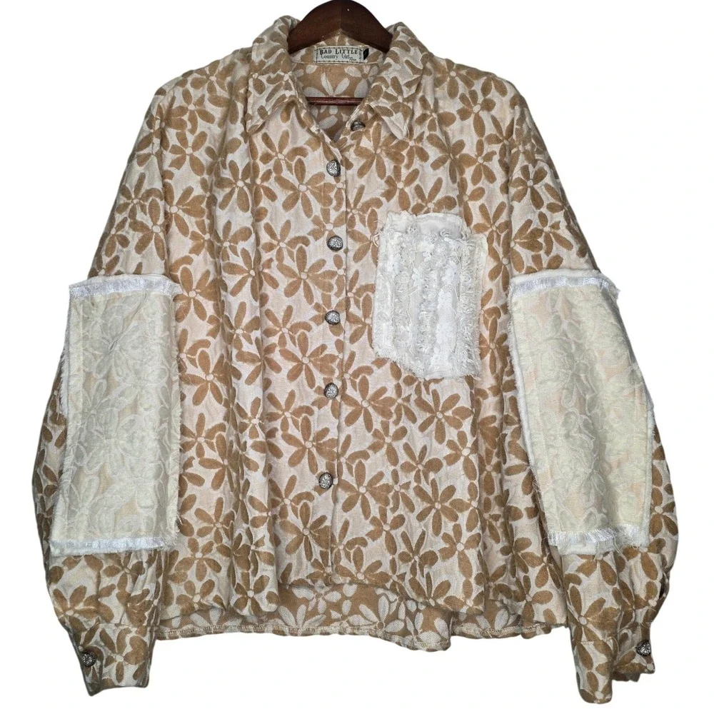Bad‎ Little Country Girl Floral Pattern Jacquard Shacket Lace Detail Large